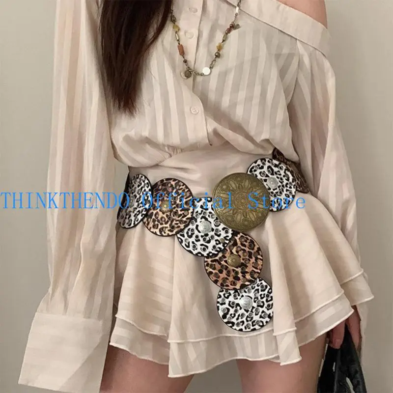 39BB Round Disc Belt for Jeans Pants Leopard Print Corset PU Leather Belt for Dresses Women Girl Formal Party Waist Accessory
