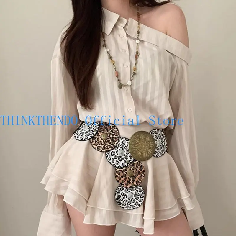39BB Round Disc Belt for Jeans Pants Leopard Print Corset PU Leather Belt for Dresses Women Girl Formal Party Waist Accessory