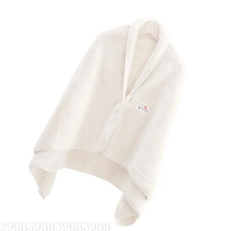 652F Multiuse Soft Coral Fleece Shawl Wearable Blanket with Button Closure for Couch Sofa Chair and Air Conditioning Use