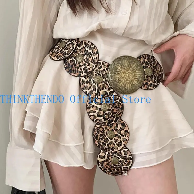 39BB Round Disc Belt for Jeans Pants Leopard Print Corset PU Leather Belt for Dresses Women Girl Formal Party Waist Accessory