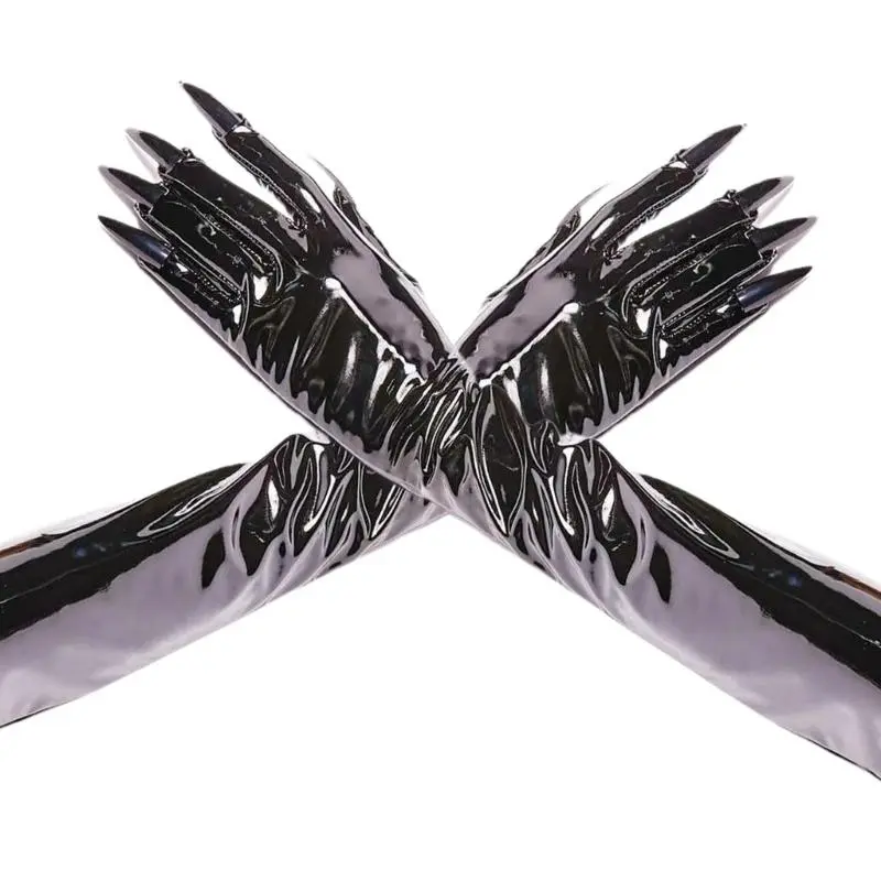 652F Enamel Leather Long Nails Gloves for Female Party Wear Halloween Witch Costume Gloves for Evening Galas and Masquerades