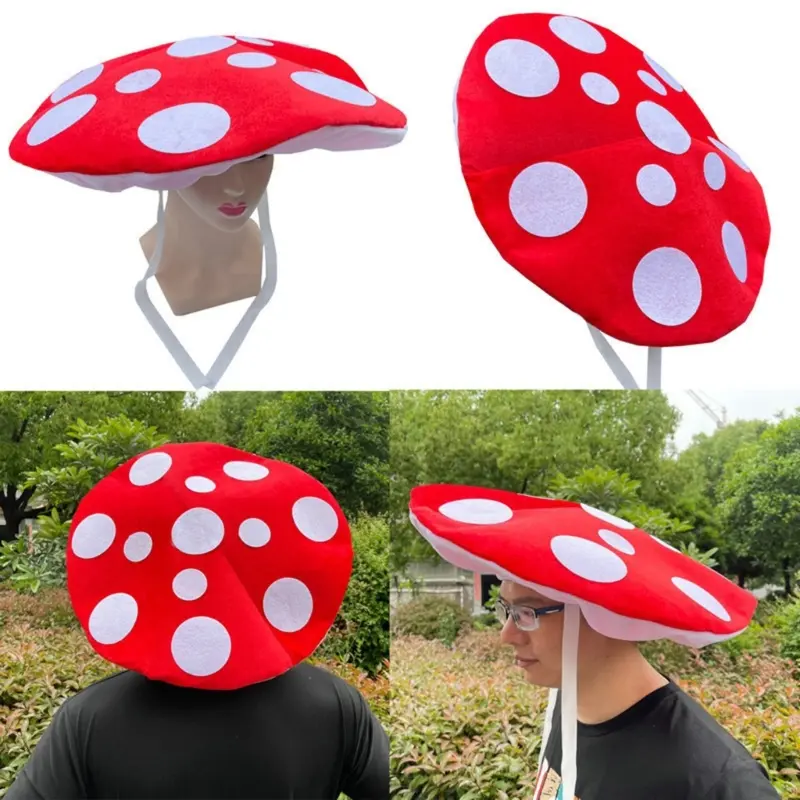 652F Realistic Mushroom Hat With White Dots Unisex Costume Hat For Roleplay Halloween Party DressingUp Accessory Headpiece