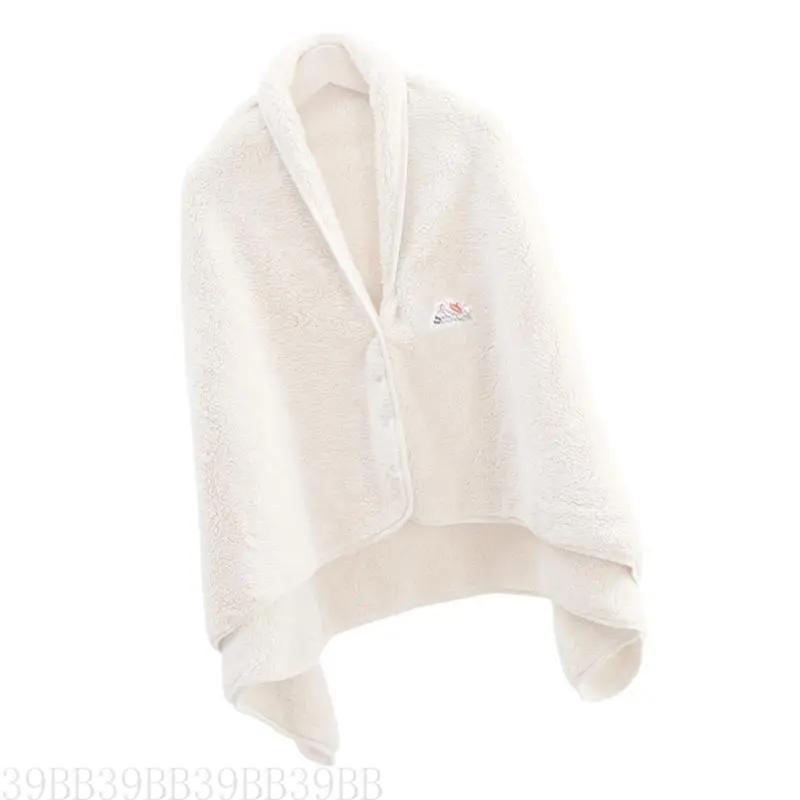 652F Multiuse Soft Coral Fleece Shawl Wearable Blanket with Button Closure for Couch Sofa Chair and Air Conditioning Use