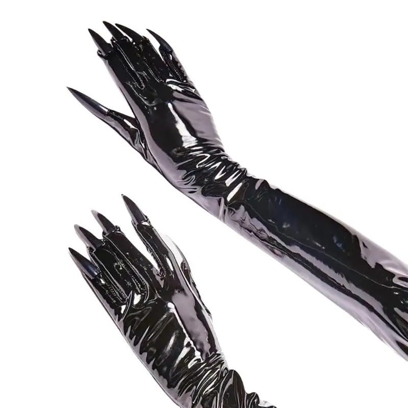 652F Enamel Leather Long Nails Gloves for Female Party Wear Halloween Witch Costume Gloves for Evening Galas and Masquerades