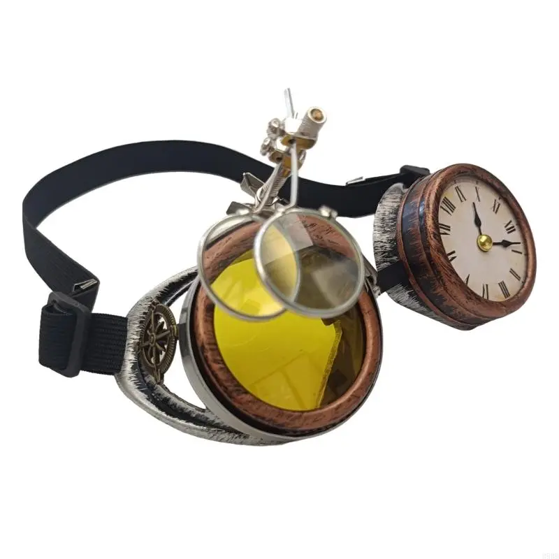 652F Steampunk Goggles with Clock Victorian Goggles Gothic Glasses Halloween Cosplay Glasses for Festivals Theme Party