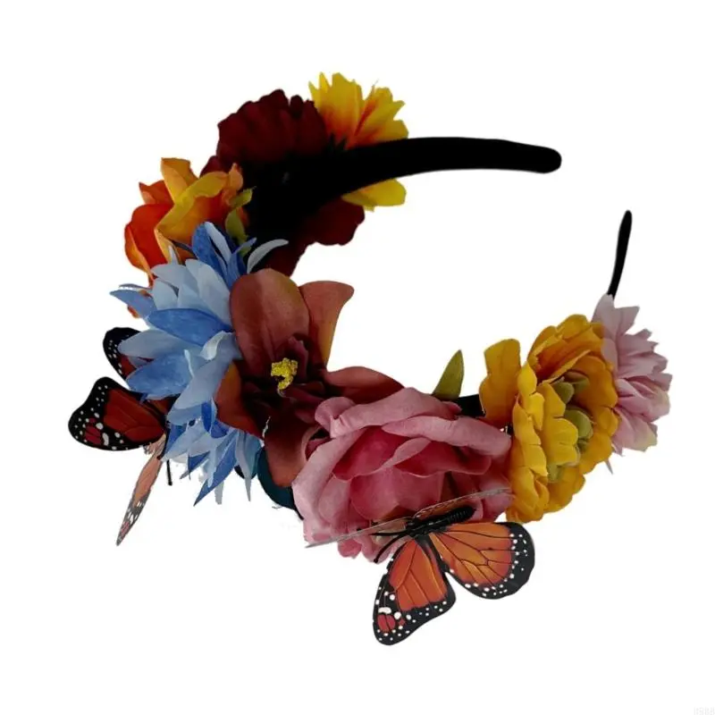 652F Day of the Death Butterfly Flower Headband for Festival Dia Muertos Hairhoop Music Festival Accessory Party Headwear