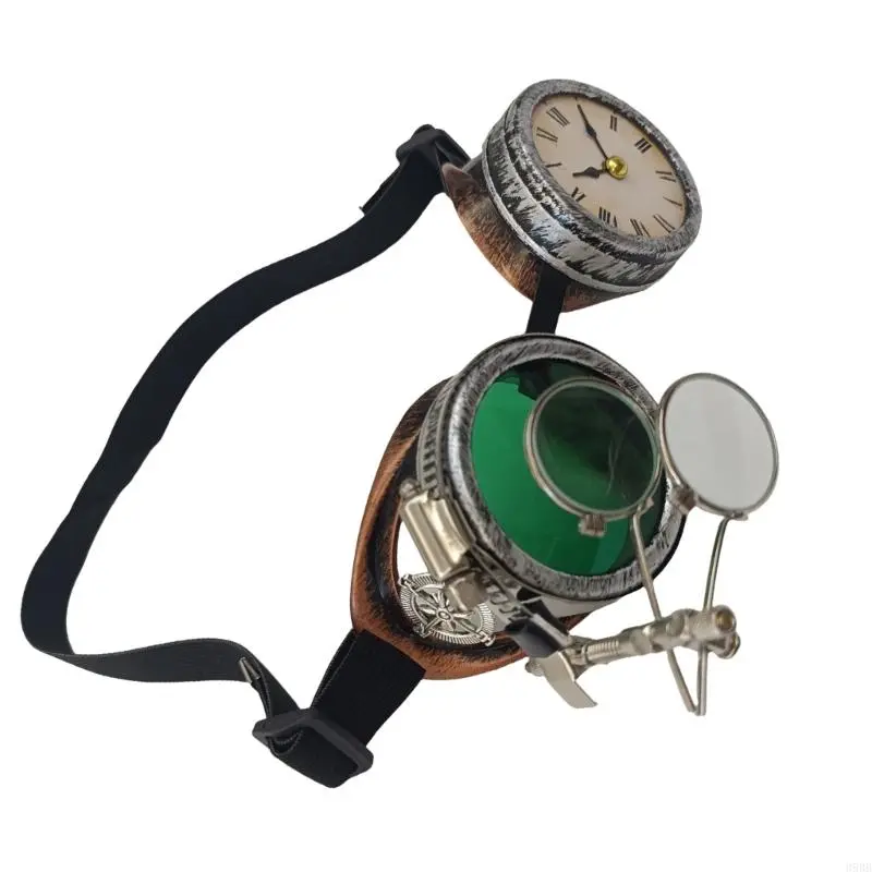 652F Steampunk Goggles with Clock Victorian Goggles Gothic Glasses Halloween Cosplay Glasses for Festivals Theme Party