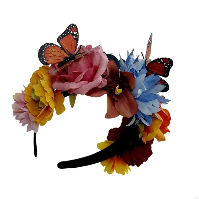 652F Day of the Death Butterfly Flower Headband for Festival Dia Muertos Hairhoop Music Festival Accessory Party Headwear