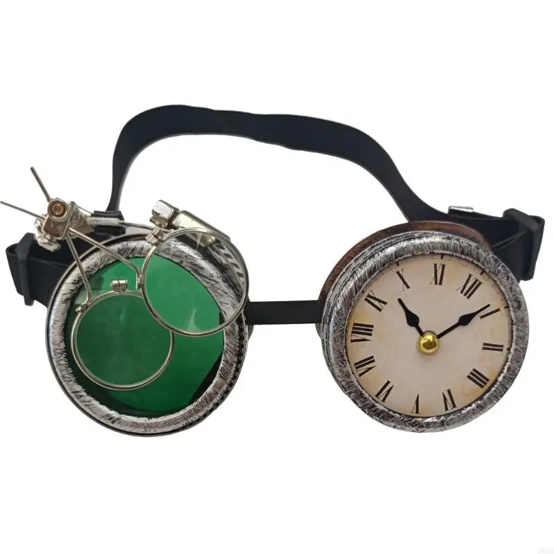 652F Steampunk Goggles with Clock Victorian Goggles Gothic Glasses Halloween Cosplay Glasses for Festivals Theme Party