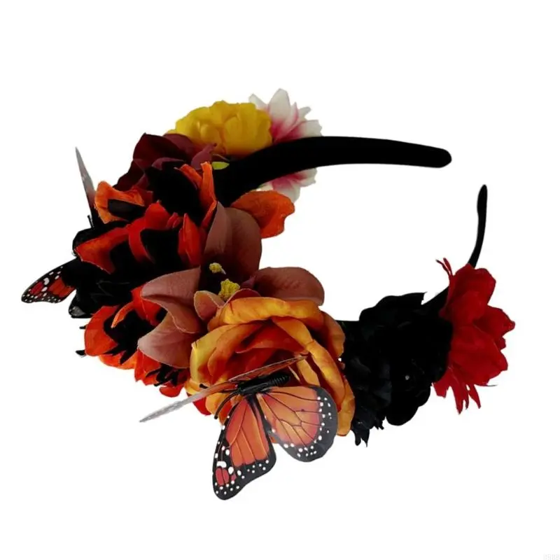 652F Day of the Death Butterfly Flower Headband for Festival Dia Muertos Hairhoop Music Festival Accessory Party Headwear