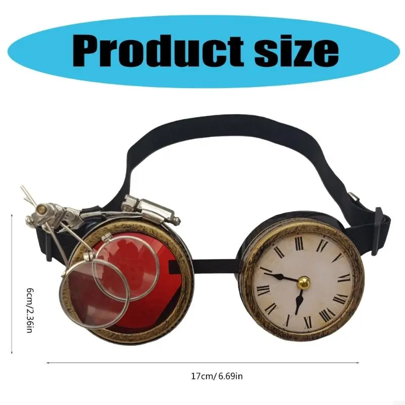 652F Steampunk Goggles with Clock Victorian Goggles Gothic Glasses Halloween Cosplay Glasses for Festivals Theme Party