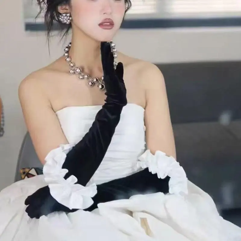 652F Evening Long Gloves Ruffle French Ruffle for Wedding Proms for Women and Girls 1920s Theme Musical Operas Dancing