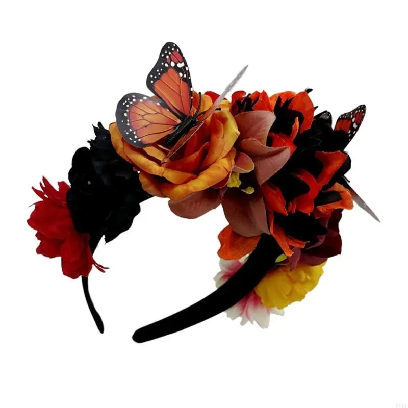 652F Day of the Death Butterfly Flower Headband for Festival Dia Muertos Hairhoop Music Festival Accessory Party Headwear