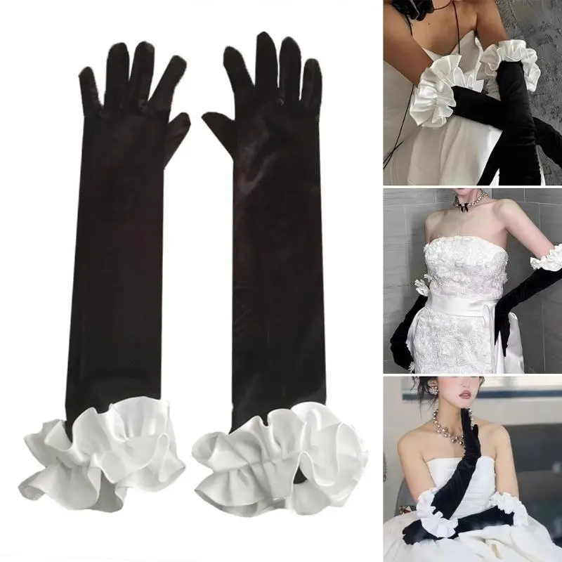 652F Evening Long Gloves Ruffle French Ruffle for Wedding Proms for Women and Girls 1920s Theme Musical Operas Dancing