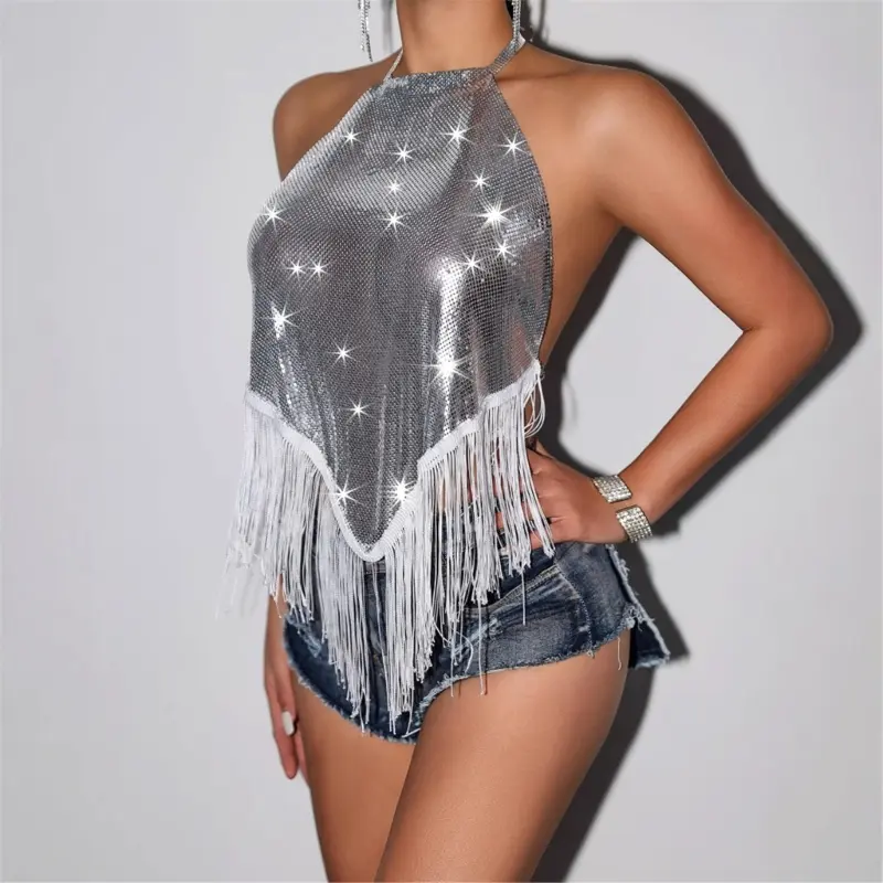 652F Women's Backless Halter Neck Crop Top Silver Shimmering Sequins Tassels Camisole Vest For Festivals And Night Event