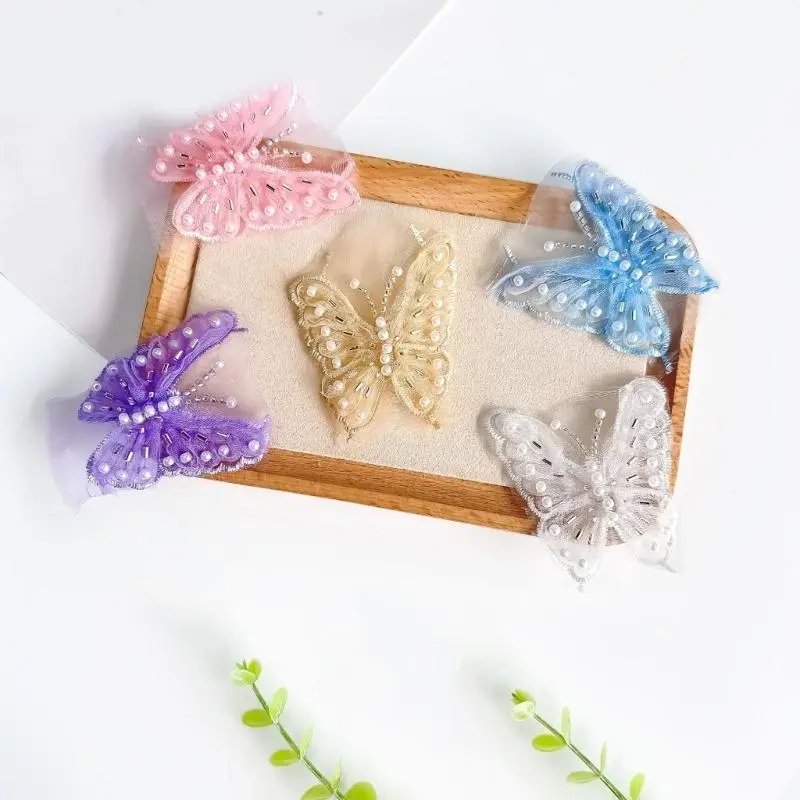 652F Elegant Sequins Butterfly Lace Applique Handmade Decoration Beadede Patches for Fashion Bridal Attires