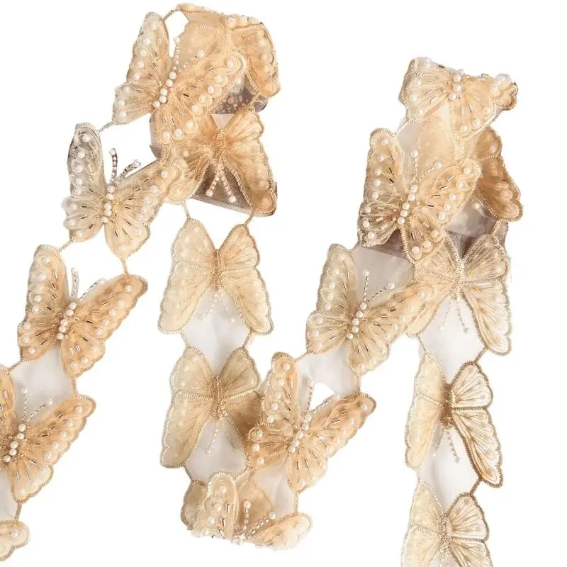 652F Elegant Sequins Butterfly Lace Applique Handmade Decoration Beadede Patches for Fashion Bridal Attires