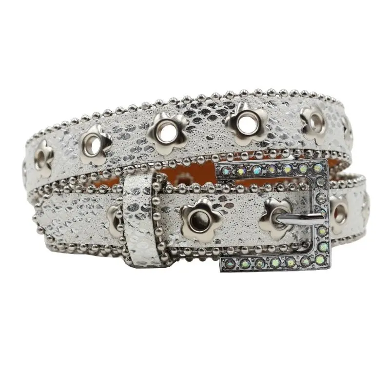 652F Unisex Sparkling Western Belt for Jeans Dresses Skirts Fashionable Flower Eyelet Pin Buckle Belt Women Waist Accessory
