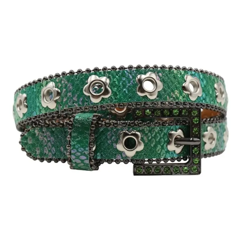 652F Unisex Sparkling Western Belt for Jeans Dresses Skirts Fashionable Flower Eyelet Pin Buckle Belt Women Waist Accessory