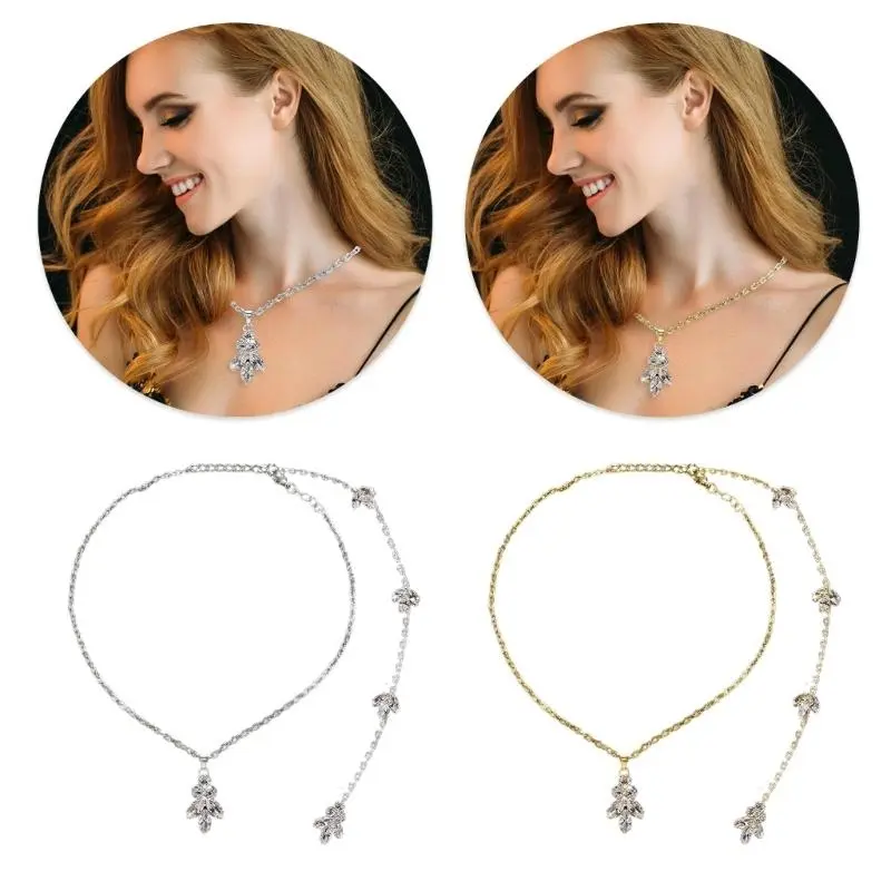 652F Rhinestones Bridal Back Chain Necklace Long Drop for Women Bride Ladies Body Chain Wedding Dress Body Jewelry Accessory