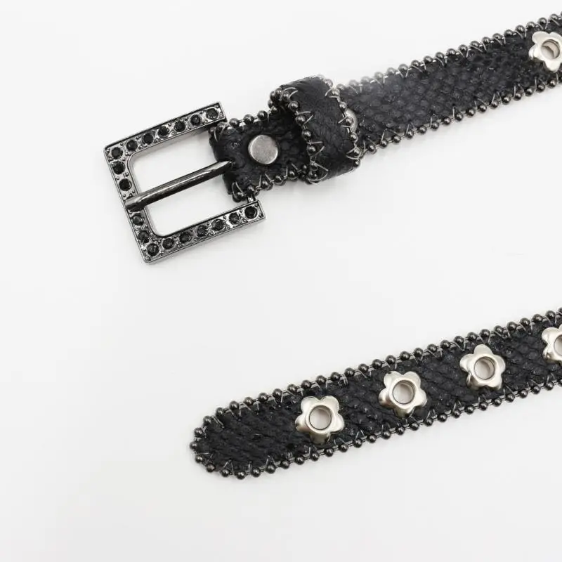 652F Unisex Sparkling Western Belt for Jeans Dresses Skirts Fashionable Flower Eyelet Pin Buckle Belt Women Waist Accessory