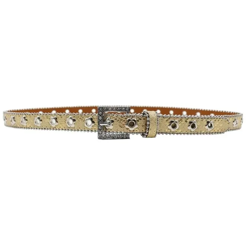 652F Unisex Sparkling Western Belt for Jeans Dresses Skirts Fashionable Flower Eyelet Pin Buckle Belt Women Waist Accessory