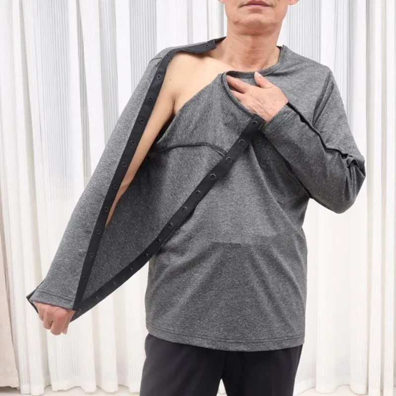 652F Full Tear Away Long Sleeve Chemo Port Access Shirt Full Open Side Dialysis Chemo Clothing Post Surgeries Shirt