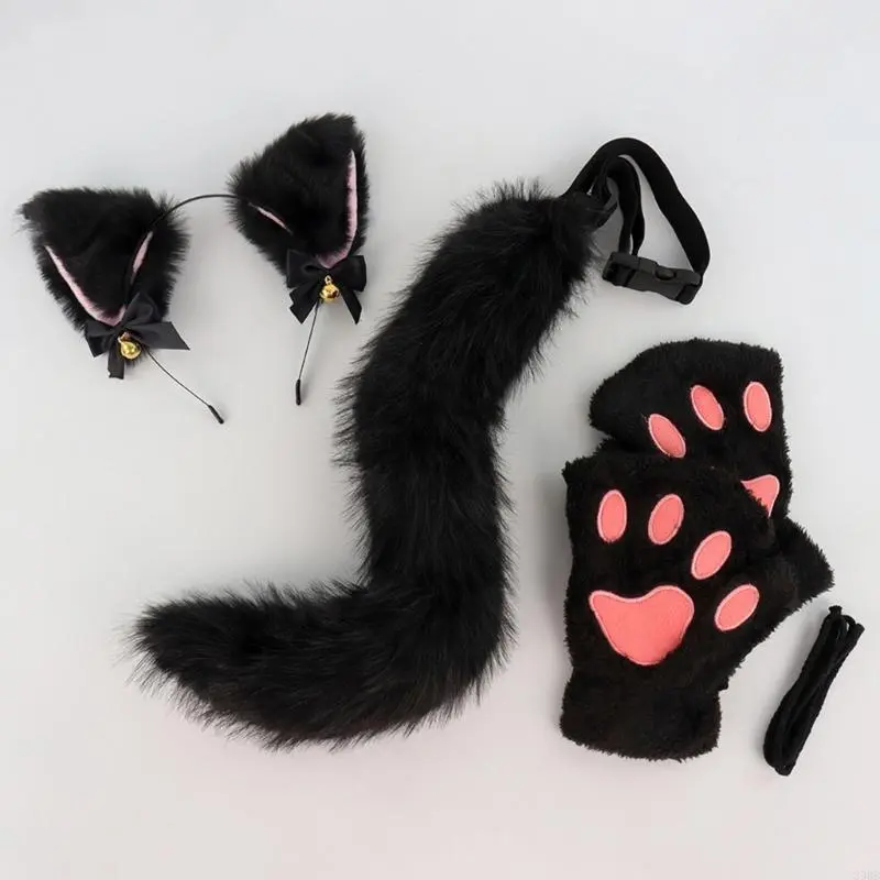 3Pcs Animal Cats Dress up Costume Halloween Cats Costume Includes Plush Ears Headband, Tail, Gloves for Girl Cosplay