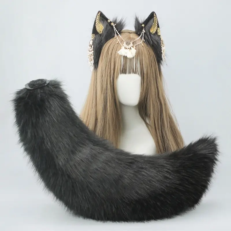 652F Faux Furs Wolf Cats Foxes Tail Wolf Cats Foxes Tail Wolf Ears Headbands Animal Cosplay Costumes for Halloween Christmas