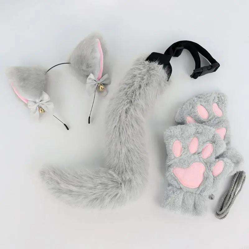 3Pcs Animal Cats Dress up Costume Halloween Cats Costume Includes Plush Ears Headband, Tail, Gloves for Girl Cosplay