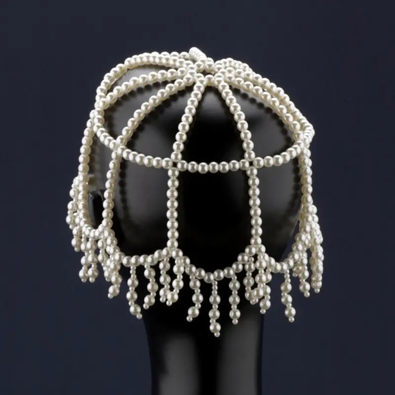 652F Elegant Pearls Beaded Hat Wedding Headwear Handmade Pearla Embroidered Hat for Weddings & Special Event
