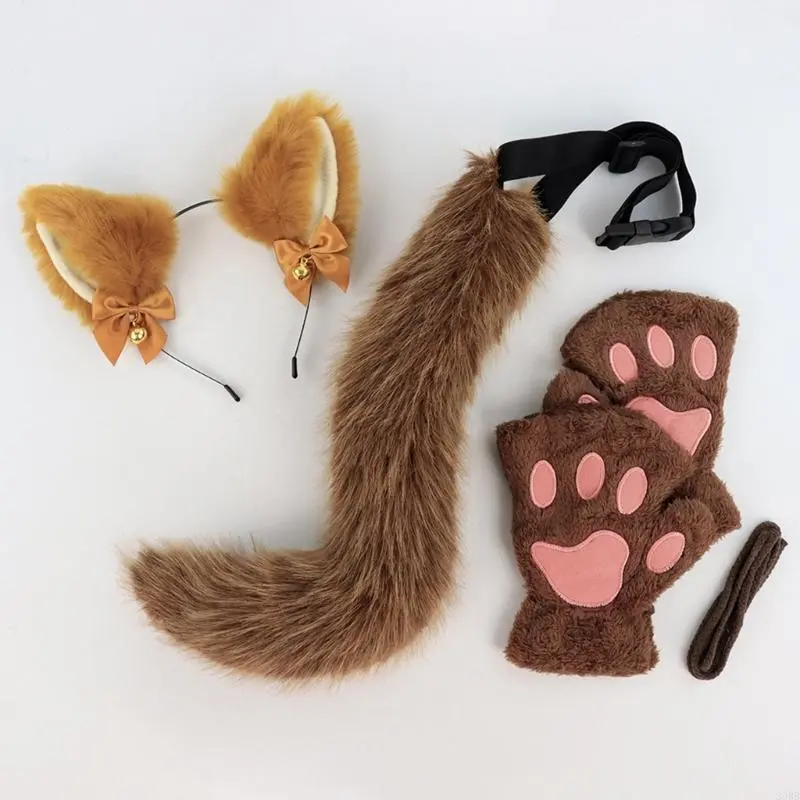 3Pcs Animal Cats Dress up Costume Halloween Cats Costume Includes Plush Ears Headband, Tail, Gloves for Girl Cosplay