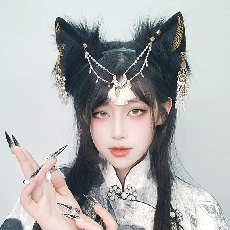 652F Faux Furs Wolf Cats Foxes Tail Wolf Cats Foxes Tail Wolf Ears Headbands Animal Cosplay Costumes for Halloween Christmas