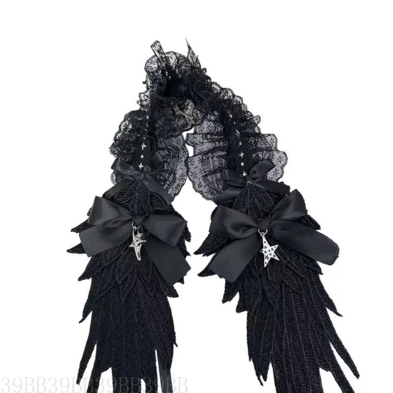 39BB Punk Angelic Winged Hairband Cosplay Headpiece Ruffle Lace Headband For Masquerades And Halloween Party Photography Wear