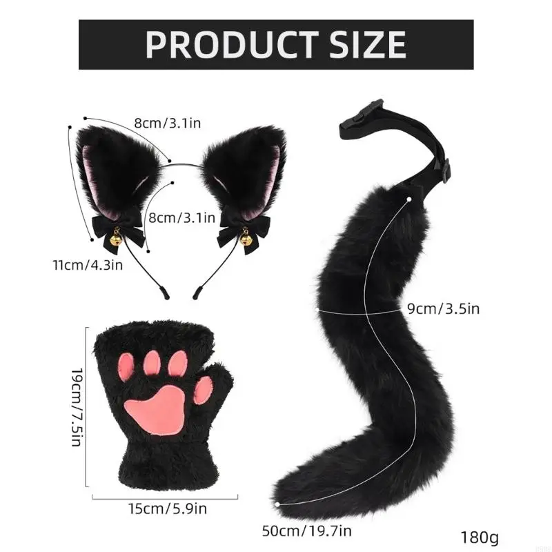 3Pcs Animal Cats Dress up Costume Halloween Cats Costume Includes Plush Ears Headband, Tail, Gloves for Girl Cosplay