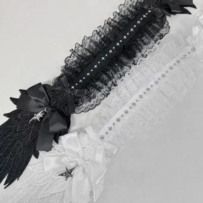 39BB Punk Angelic Winged Hairband Cosplay Headpiece Ruffle Lace Headband For Masquerades And Halloween Party Photography Wear