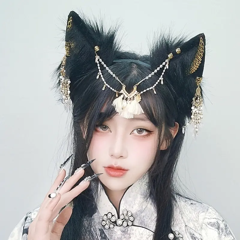 652F Faux Furs Wolf Cats Foxes Tail Wolf Cats Foxes Tail Wolf Ears Headbands Animal Cosplay Costumes for Halloween Christmas