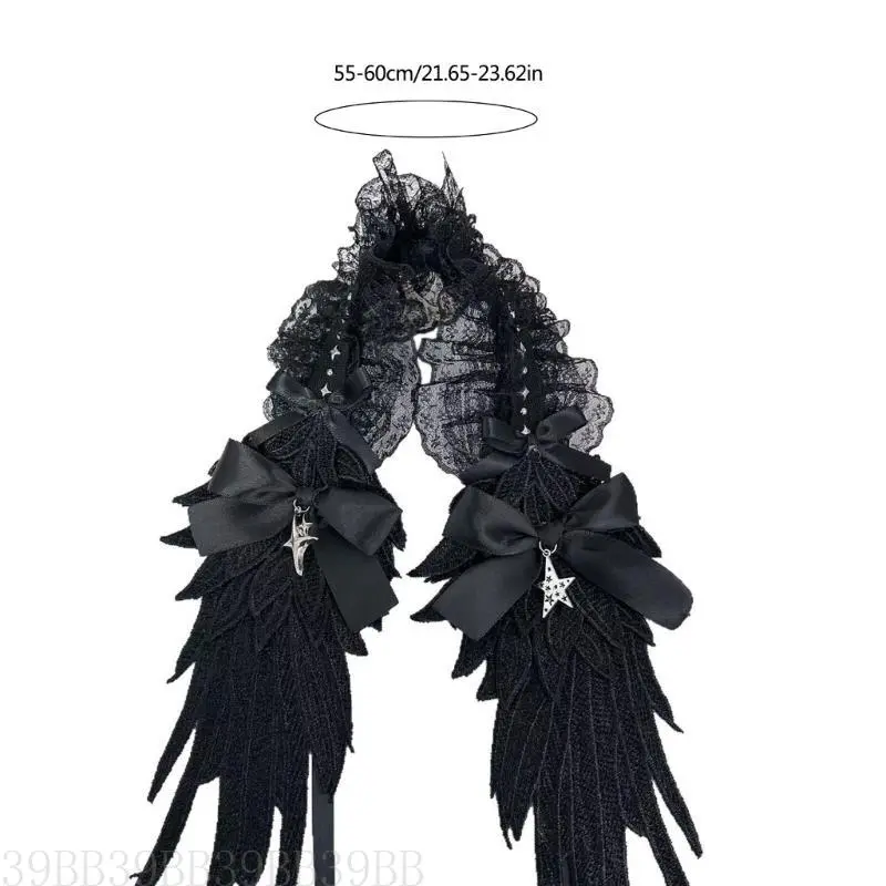 39BB Punk Angelic Winged Hairband Cosplay Headpiece Ruffle Lace Headband For Masquerades And Halloween Party Photography Wear