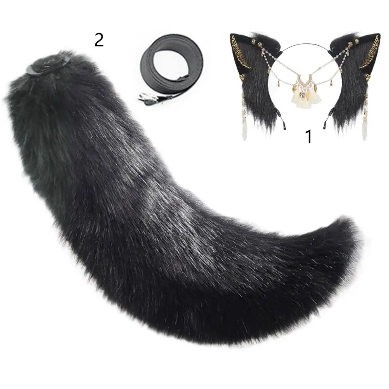 652F Faux Furs Wolf Cats Foxes Tail Wolf Cats Foxes Tail Wolf Ears Headbands Animal Cosplay Costumes for Halloween Christmas