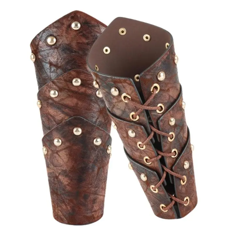 652F Lace Up Arm Gauntlets Adult Vintage Arm Guard Cosplay Costume PU Arm Bracers RolePlay Armband for Stage Performances