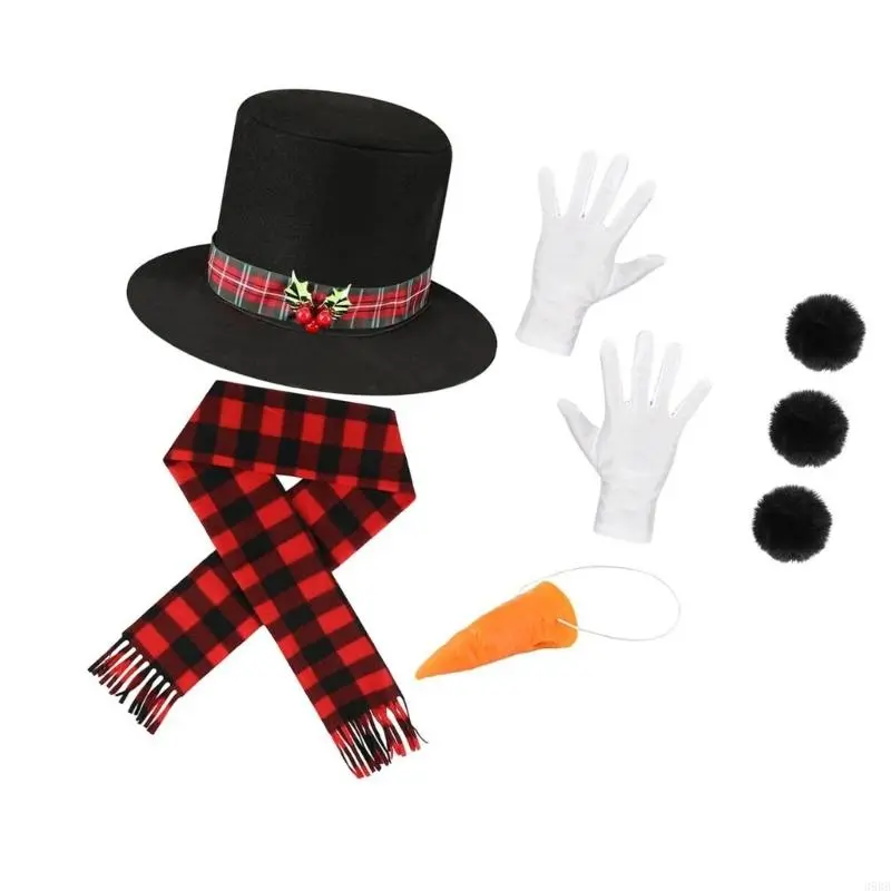 652F Snowman Costume Top Hat,Shawl,Nose,Gloves Winter Frosty the Snowmans Costume Christmas Play Dress Up Accessories