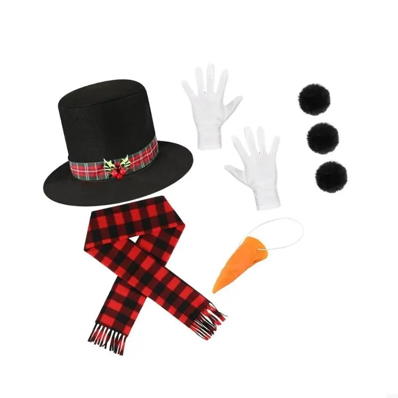 652F Snowman Costume Top Hat,Shawl,Nose,Gloves Winter Frosty the Snowmans Costume Christmas Play Dress Up Accessories