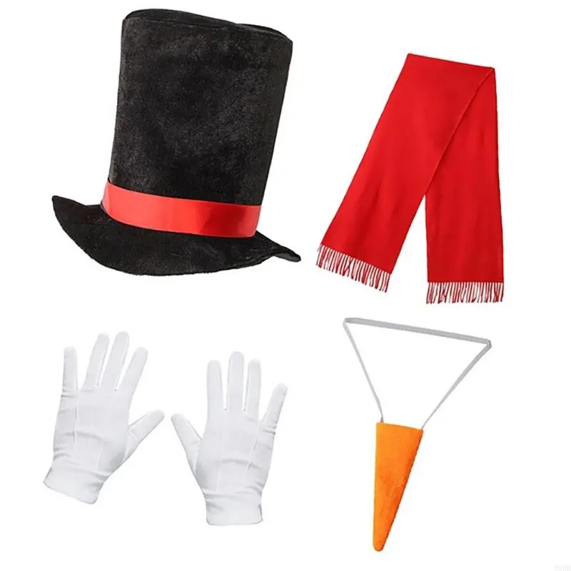 652F Snowman Costume Top Hat,Shawl,Nose,Gloves Winter Frosty the Snowmans Costume Christmas Play Dress Up Accessories