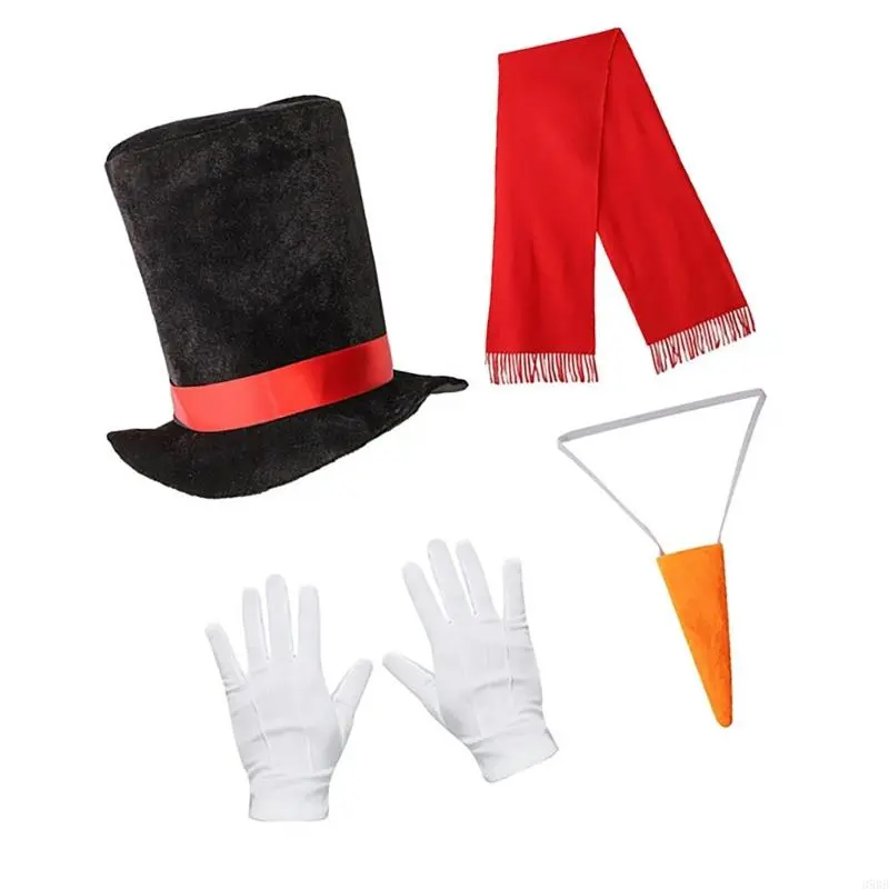 652F Snowman Costume Top Hat,Shawl,Nose,Gloves Winter Frosty the Snowmans Costume Christmas Play Dress Up Accessories