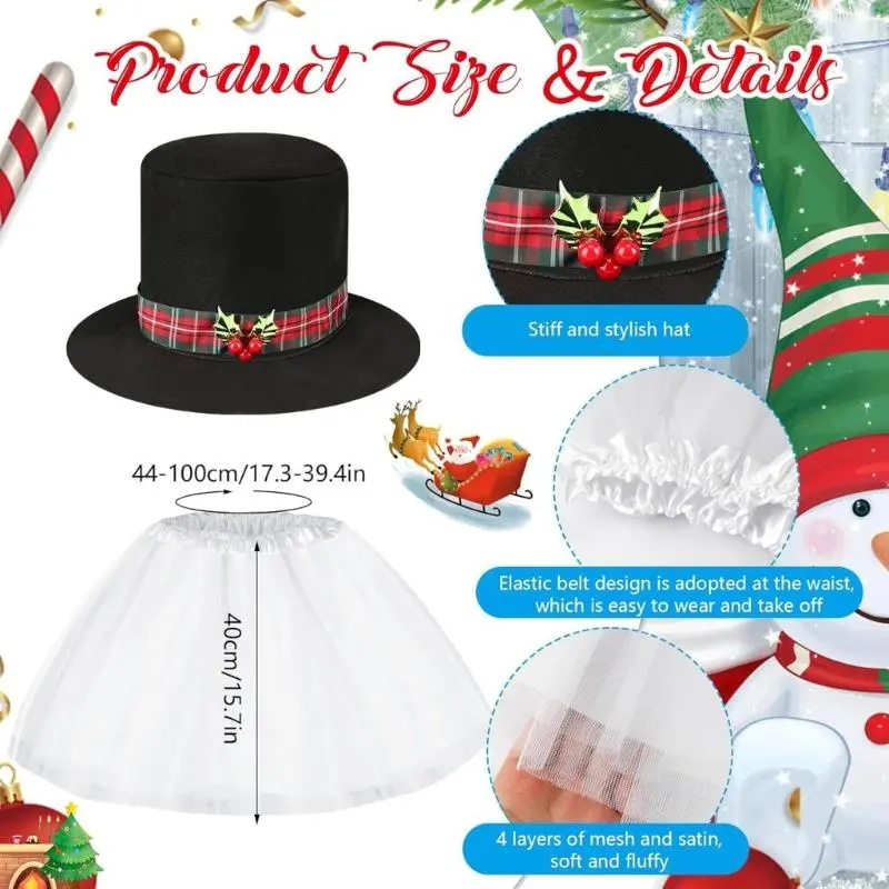 652F Snowman Costume Top Hat,Shawl,Nose,Gloves Winter Frosty the Snowmans Costume Christmas Play Dress Up Accessories