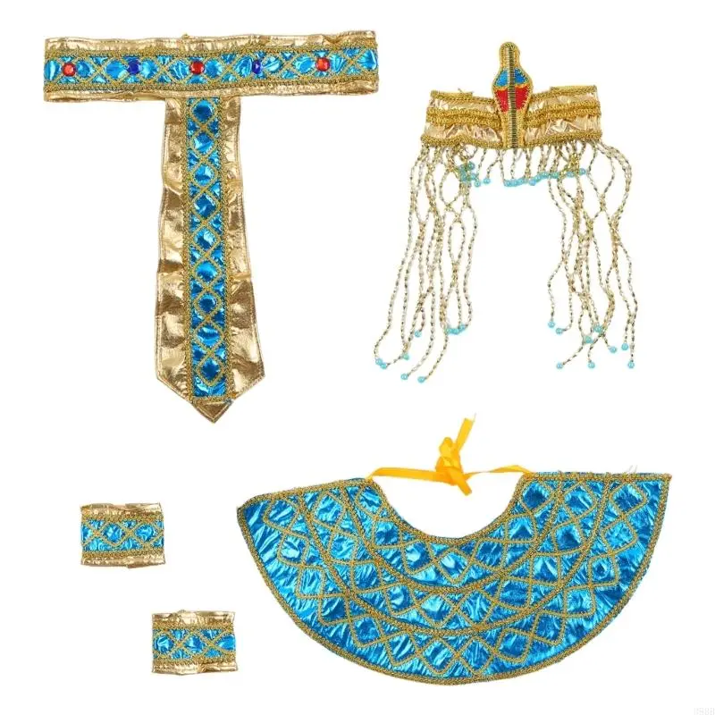 652F Egyptian Costume Accessories Set Egyptian Pharaoh Headpiece Egyptian Collar Wristbands for Halloween Role Play Cosplay