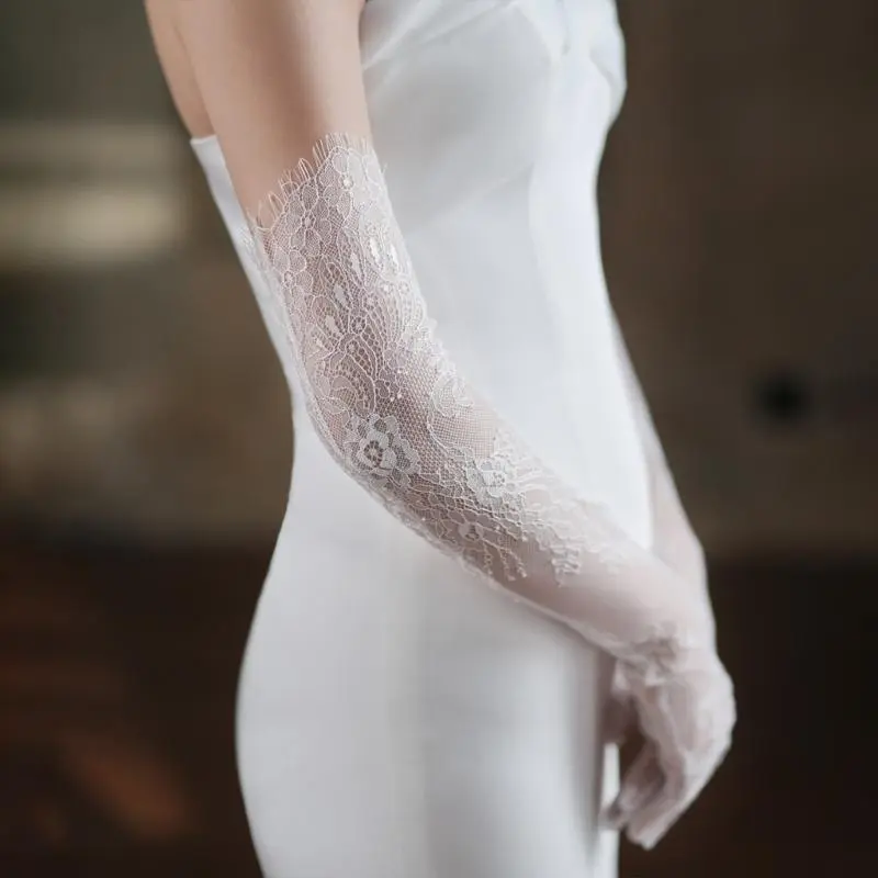 652F 2pcs Sheer Lace Arm Length Gloves Wedding Women Fancy Short Tulle Mittens for Evening Parties and Themed Gatherings
