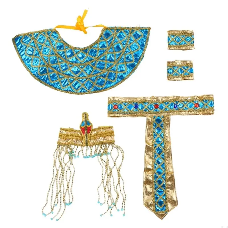 652F Egyptian Costume Accessories Set Egyptian Pharaoh Headpiece Egyptian Collar Wristbands for Halloween Role Play Cosplay