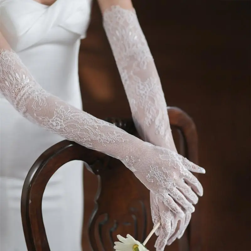 652F 2pcs Sheer Lace Arm Length Gloves Wedding Women Fancy Short Tulle Mittens for Evening Parties and Themed Gatherings