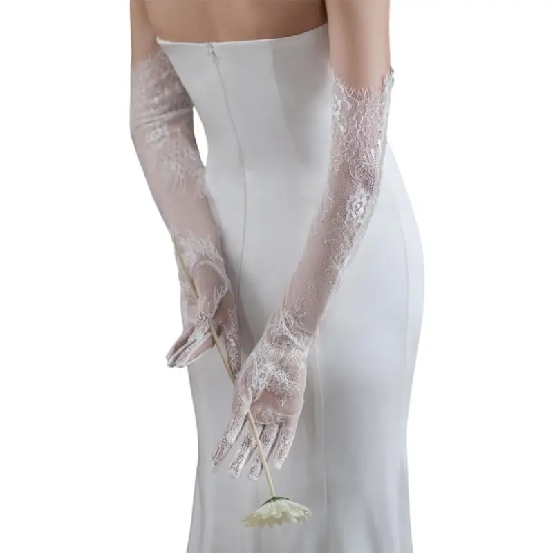 652F 2pcs Sheer Lace Arm Length Gloves Wedding Women Fancy Short Tulle Mittens for Evening Parties and Themed Gatherings